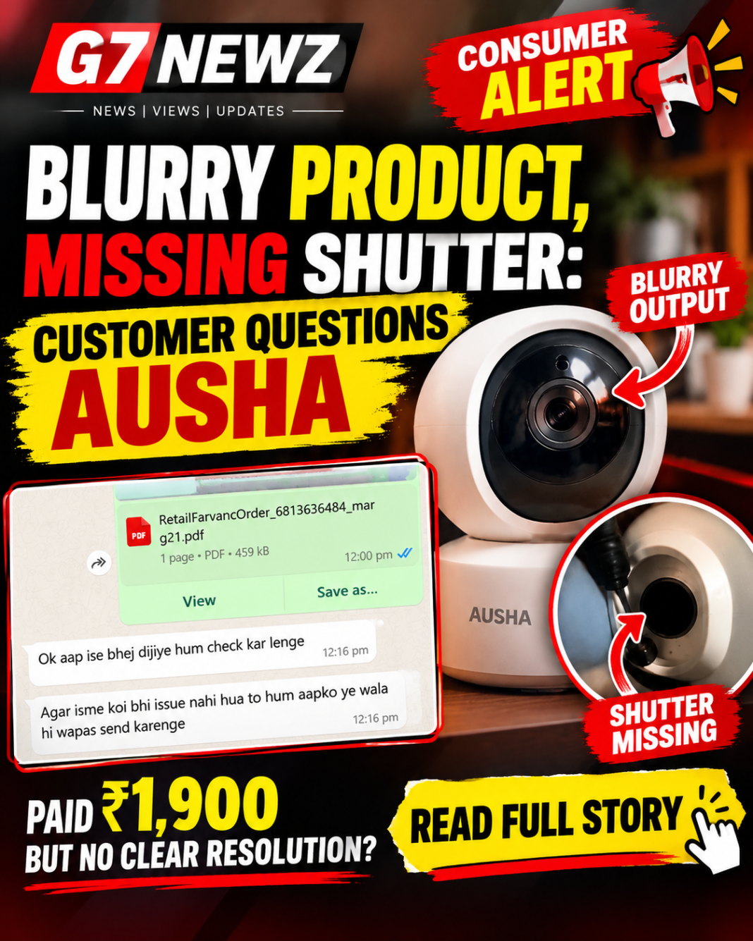 BLURRY PRODUCT, MISSING SHUTTER: CUSTOMER QUESTIONS AUSHA